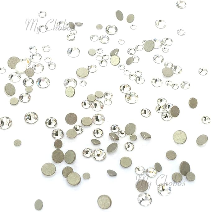 clear Crystal (001) tiny small sizes mixed with Austrian crystal Austria 2058 xilion rose flatbacks sizes ss3, ss5, ss6, ss7, ss9, ss10 no-hotfix rhinestones nail art 144 pcs (1 gross) round bling diy