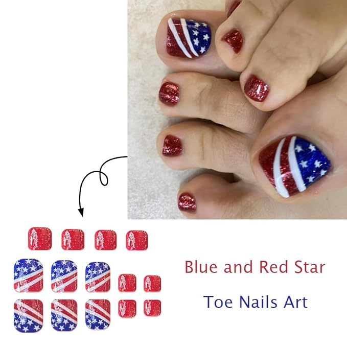 Independence Day Press on Toenails Short Square Fake Toe Nails Red Glitter False Toenails with Stripe Designs Full Cover Glossy Stick on Toenails Summer Star Glue on Toenails for Women 4th of July