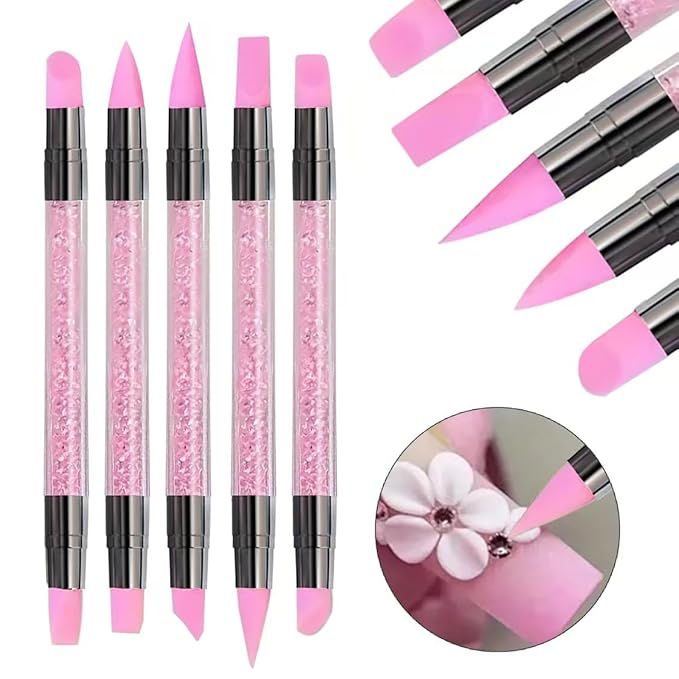 5Pcs Double-Ended Silicone Nail Art Brushes, Dual-Tip Dotting & Sculpting Tools for Gel Polish, 3D Nail Art, Embossing & Manicure Clean Up-Pink