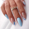 Blue Press on Nails Short Almond Fake Nails Press ons Glitter False Nails with Designs Wave Glossy Full Cover Acrylic Glue on Nails Cute Artificial Stick on Nails for Women Manicure Decoration 24Pcs