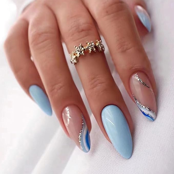 Blue Press on Nails Short Almond Fake Nails Press ons Glitter False Nails with Designs Wave Glossy Full Cover Acrylic Glue on Nails Cute Artificial Stick on Nails for Women Manicure Decoration 24Pcs