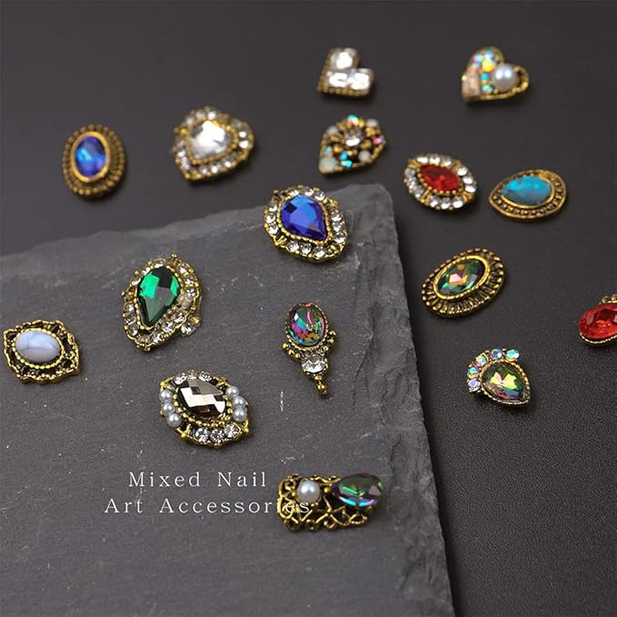 1 Box 3D Gems Rhinestones Mix Retro Alloy Nail Art Decorations Diamond Mounted Studs Irregular Heart Shiny Rhinestones 3d Manicure UV Gel DIY Nail Charms Jewelry on Nails Salon Supplies