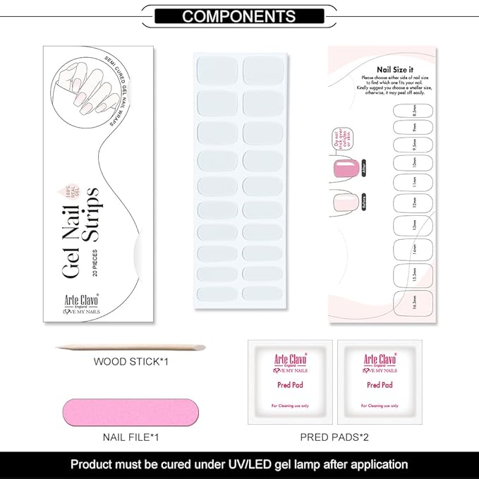 Arte Clavo Semi Cured Gel Nail Strips, 20 Pcs Gel Nail Stickers with UV Light Required, Salon Quality, Long Lasting, Easy Apply and Remove (Transparent)