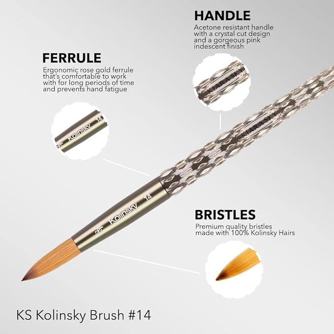 Kiara Sky Acrylic Brush #14 - Black | 100% Pure Kolinsky | Crystal Cut Handle and Acetone Resistant