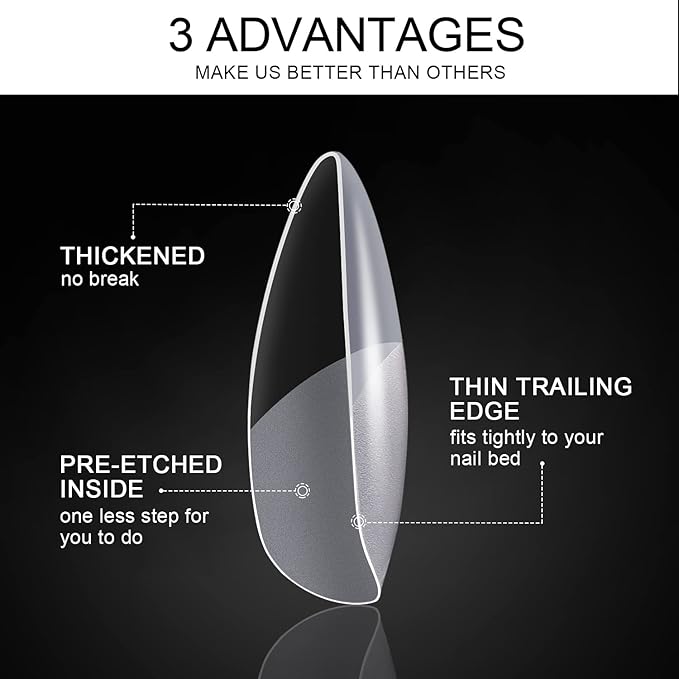 Almond Nail Tips, MORGLES 600Pcs Long-Lasting Soft Gel Nail Tips Medium Full Cover, 12 Sizes with Glue, Files and Cuticle Fork