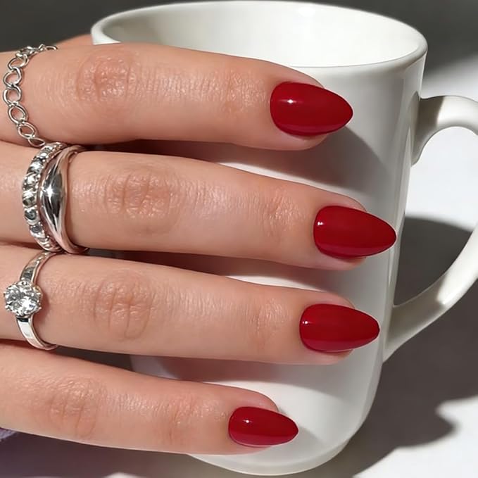 Red Press on Nails Short Almond Fake Nails Press ons Acrylic False Nails Acrylic Glue on Nails Artificial Stick on Nails for Women Christmas Halloween Valentines Nails Decorations 24 Pcs
