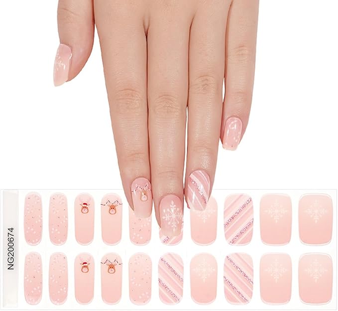 Christmas Semi Cured Gel Nail Strips - 20Pcs Pink UV Gel Nail Wraps with Snowflake & Candy & Elk Design, Long Lasting Salon-Quality Stickers, Includes Nails File & Wooden Stick - UV/LED Lamp Required