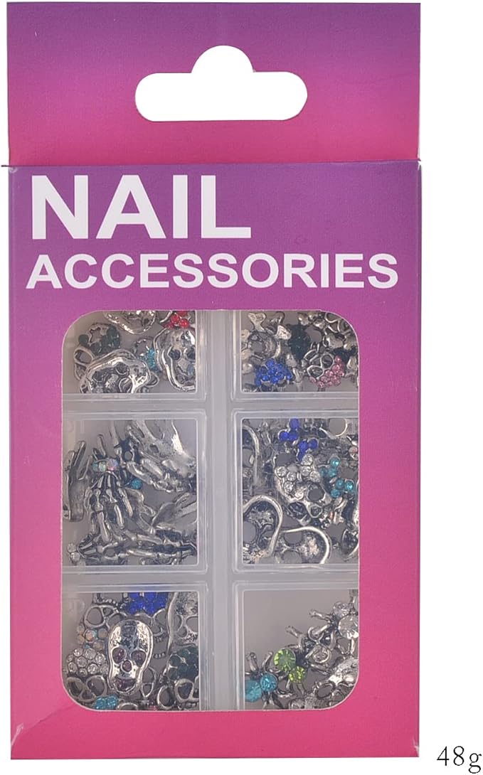 Halloween Nail Charms Rhinestones Decorations - 60Pcs/Box Multi Shape Halloween Nail Accessories Metal Punk Vintage Sliver Nail Design for DIY Nail Art Craft