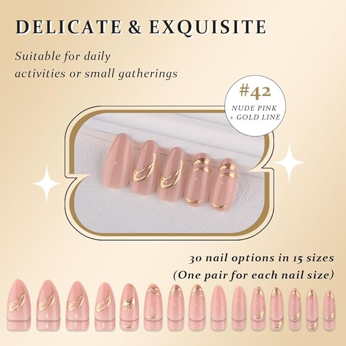 3D Glod Line Press on Nails Medium Almond with Design, Nude Pink Glossy Press on Stick on Nails for Women Gift with Kit, Reusable Soft Gel Stick on Cute Fake Arcrylic Nail with Designs Perfectly Fit