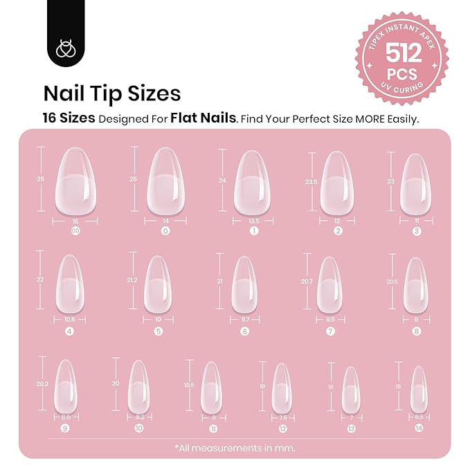 Beetles Tipex Instant Apex Nail Tips, 512Pcs Medium Oval Almond Pre-building Pre-Sculpted Pre-etched Acrylic Nail Tips Full Cover Press-on False Nail Extension