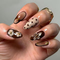Flower Press on Nails Almond Fake Nails Polka Dot False Nails Medium Brown Nails Press Ons with Gold Rhinestones Design Glossy Stick on Nail Embossed Flower Glue on Nail for Women 24Pcs