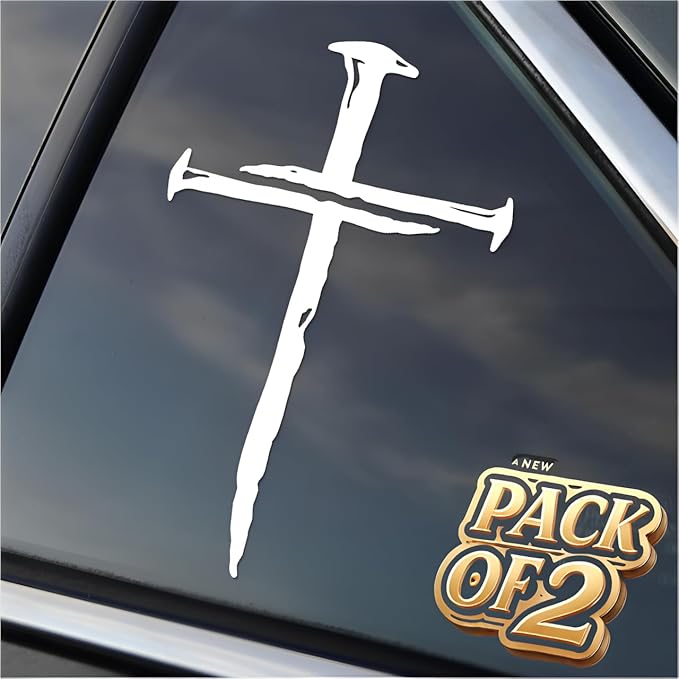Cross of Nails Sticker - Vinyl Christian Sign Decal, Pack of 2, 5.9 x 4 inches