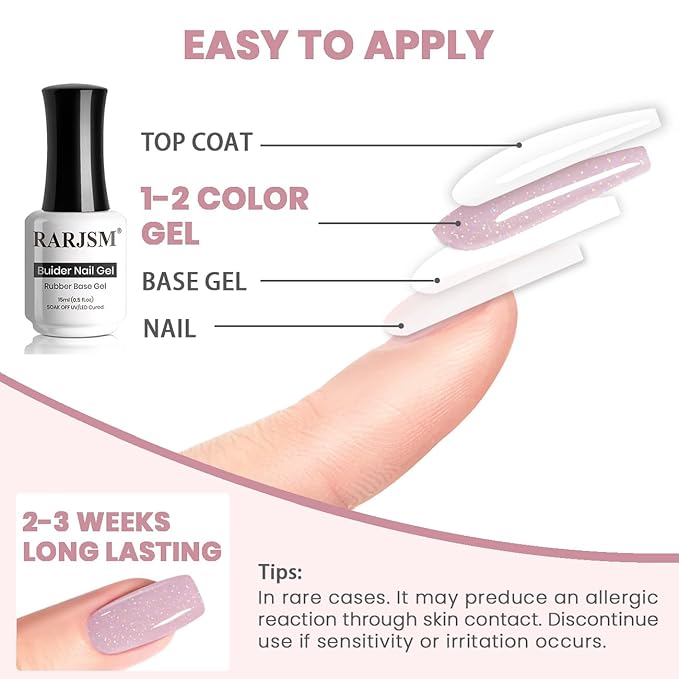 RARJSM Glitter Rubber Base Gel Nail Polish Nude Gray Purple Pink Rubber Base Rainbow Iridescent Shimmer Brush on Extend Builder Hard Gel Soak Off Curing Requires 15ml Salon Home French Manicure
