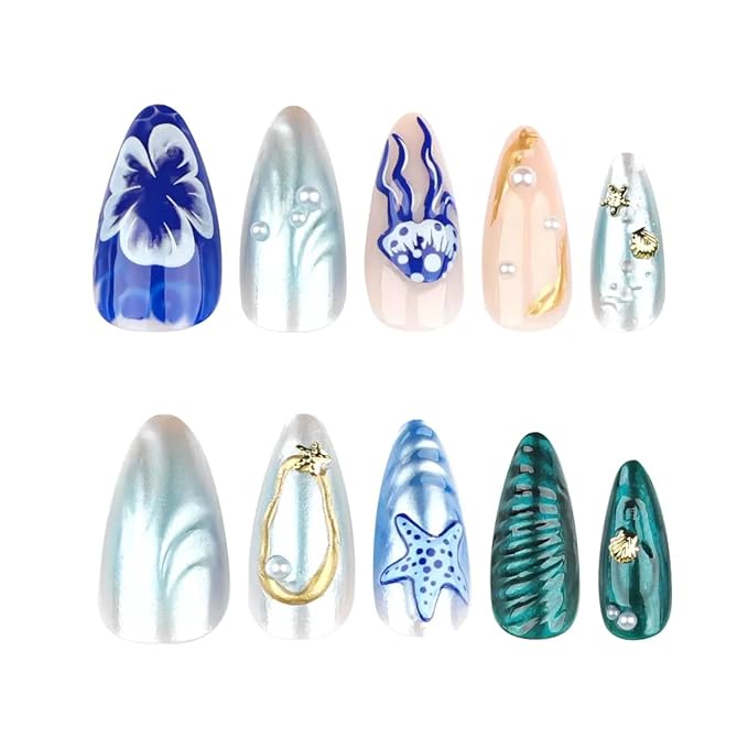 Almond Press On Nails - Medium Blue False Nails with 3D Ocean Design, Glossy Full Cover Stick On Nails - 24 Pcs