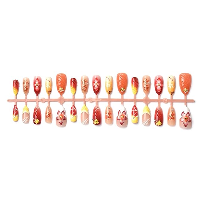 30Pcs Handmade Press on Nails Medium Almond Fake Nails, French Tips False Nails with 3D Maple Leaf Flowers Rhinestone Designs Reusable Full Cover Acrylic Nail for Women DIY Manicure