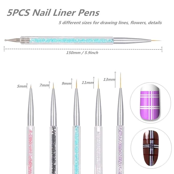 5 Pcs Nail Art Liner Brushes, Dual-ended Nail Art Point Drill Drawing Brush Pen Dotting Tools Set, Nail Design Liner Brushes and Dotting Pen