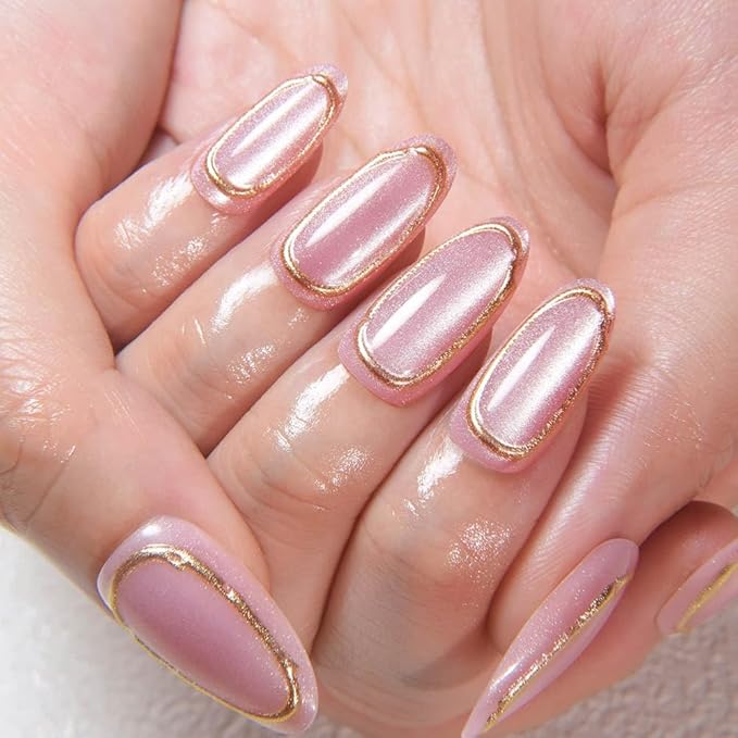 evpct Gold Line 3D Cat Eye Press On Nails Medium Almond with Designs, 3D Crystal Handmade Press on Nails for Women, Reusable Medium Almond Gel Acrylic Fake Nail Stick on Soft Nail Gold Tip