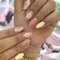 Medium Press on Nails Almond - Flower Fake Nails with Gold Line Design - Yellow Ombre Full Cover Stick on False Nails - for Women Manicure 24 Pcs