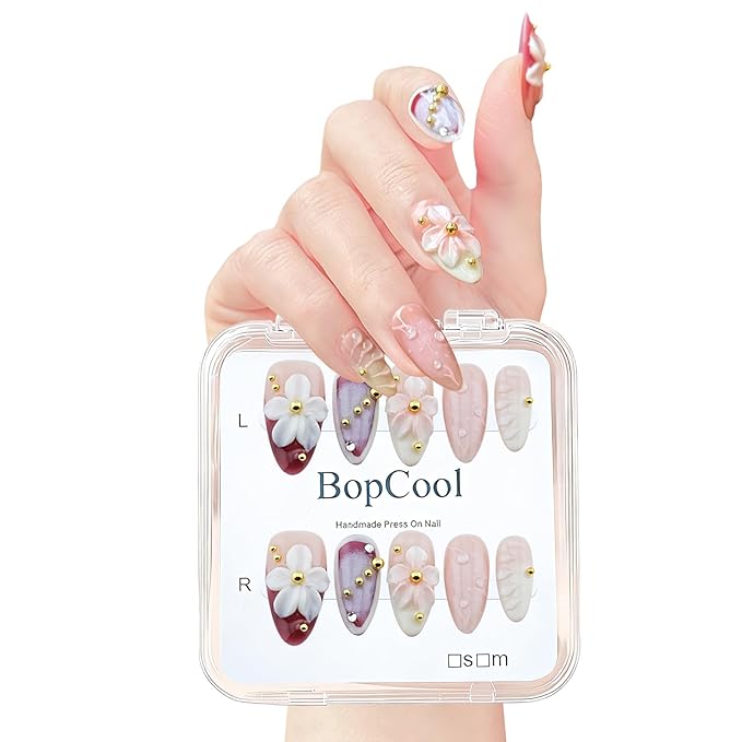 Luxury Press on Nails, Medium Almond 3D Handmade Nails, Reusable French Tip False Nails, Pink Flower Metal, Thick Acrylic ABS Nail Art (10PCS-M)