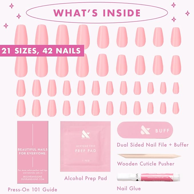 Olive & June Maximalist Instant Mani Press-On Nails (Glue) | 42 Fake Nails, 21 Sizes | Non-Toxic, Long-Lasting Big, Bold Gorgeous Realistic Look | Salon-Quality at Home | Medium, Coffin | Pink