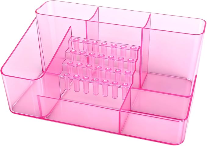 Nail Drill Holder & 28 Holes Nail Drill Bits Holder, Transparent Acrylic Nail Drill Machine Storage Box, Professional Nail Drill Organizer Case for Manicure tools (Pink)