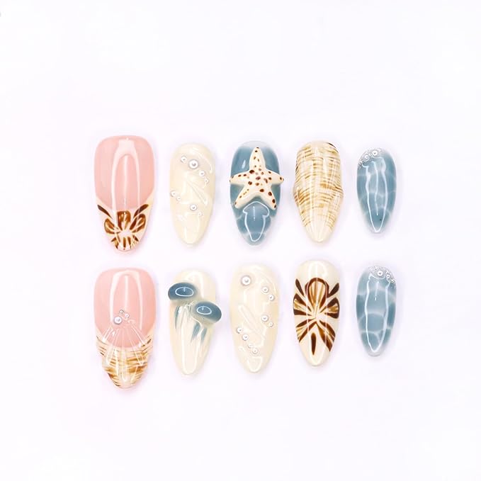 Luxury Press on Nails Short Almond Handmade 3D Starfish Fake Nails French Tip False Nails Flower Pearl Art Designs Glossy Stick on Nail Full Cover Thick Acrylic Nail for Women (Size S)