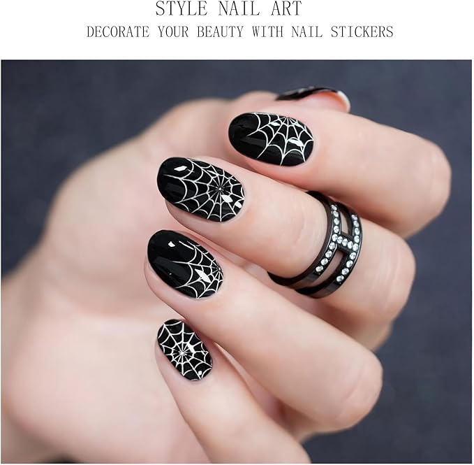 JMEOWIO Semi Cured Gel Nail Strips Halloween Black Gel Nail Stickers Nails Art Design Decoration Accessories
