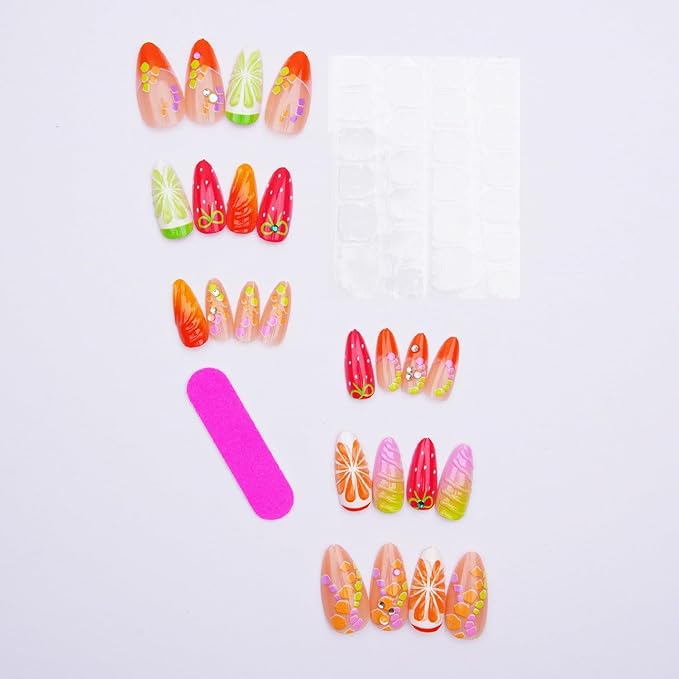 Medium Almond Press on Nails MABKJLF French Tip Fake Nails 3D False Nails with Strawberry Flower Rhinestones Designs Cute Glossy Glue on Nails Summer Stick on Nails for Women Girls 24Pcs