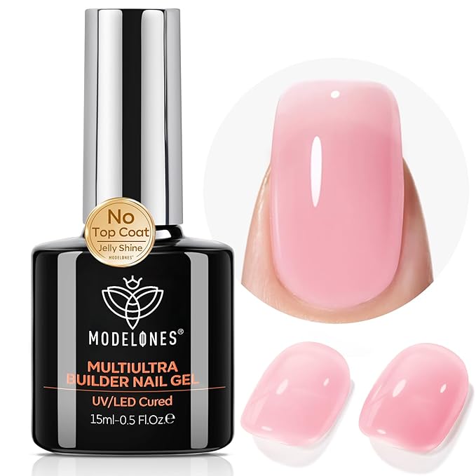modelones Builder Nail Gel, Sheer Pink Builder for Nails No Top Coat Needed, Glossy Jelly Finish Light Pink, C-Curve Sculpting, No-Wipe, 9-in-One LED Lamp Cured Color Rubber Base Gel Polish