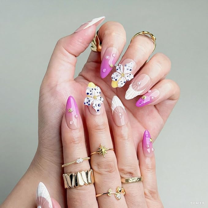 Handmade Press on Nails Purple Gradient Fake Nails French Tip Multi-Layer Gel Acrylic Nail with 3D White Flower & Pearl Designs Full Cover Medium Almond Stick on Nails for Women Nail Art（Size S)
