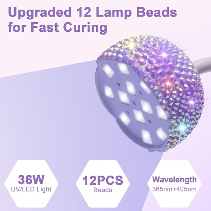 CGBE UV LED Nail Lamp, 36W Mini Cordless Flash Cure Lamp, USB Rechargeable Goosenecks LED Nail Light with 4 Timers & Auto Sensor for Salon Home DIY Use, Purple Diamond