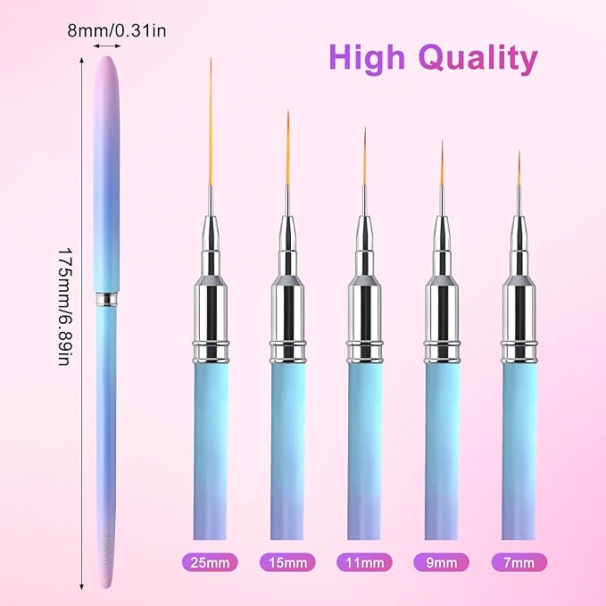 5Pcs Nail Art Pens Line Brushes Striping Nail Gel Polish Painting Brush Set Manicure Design Tools for Details Fine Painting(Sizes 7/9/11/15/25mm)