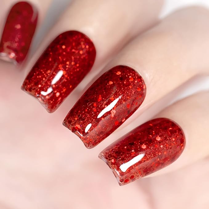 RARJSM Gel Nail Polish Sparkly Red Chunky Shimmer Iridescent Glitter Gel Polish 15ml Holographic Rainbow Effect L e d U V Curing Required Soak off High Pigments for Nail Art Christmas Manicure