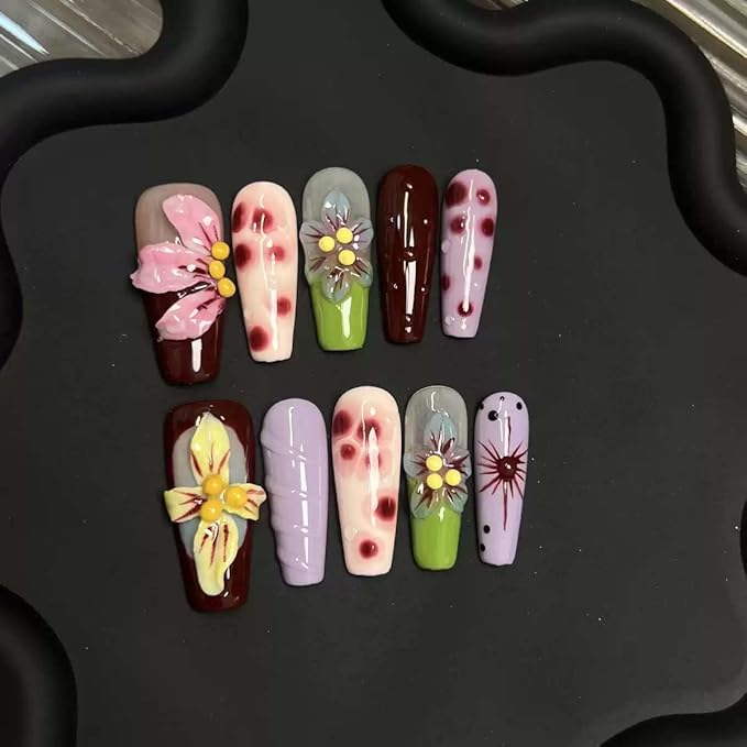 10 Pcs Coffin Press On Nails Handmade Fake Nails 5D Flower Charms With Design Long False Nails Full Cover Acrylic Artificial Reusable Stick On Nail For Women (SIZE: M)