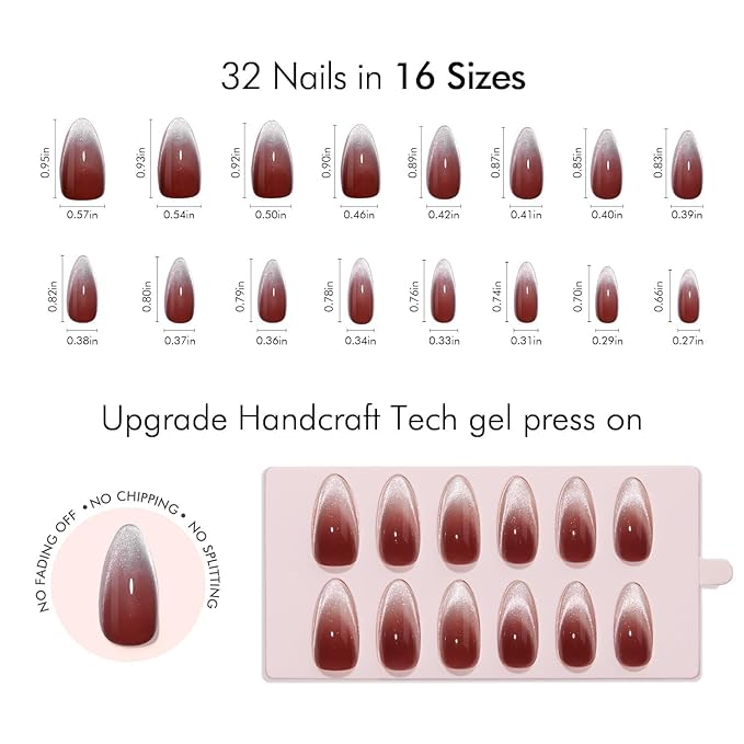VSALON Press on Nails Medium Almond - Red Maroon Ombre French Tip Cat Eye Glossy Glitter Nails Kit for Woman, Reusable Semi-Transparent Gel Glue on Nails with Glue & Cuticle Oil - 32 PCS in 16 Sizes
