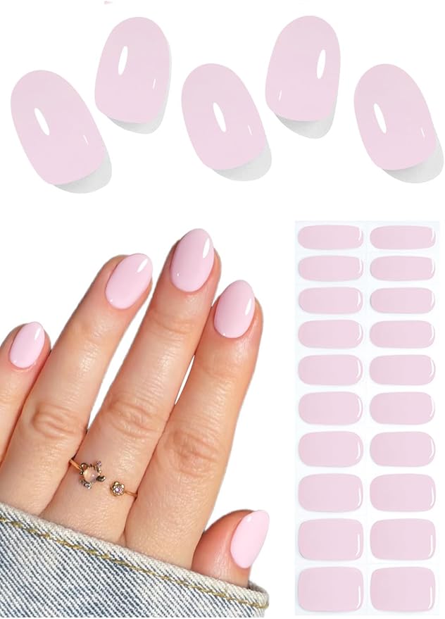 UV Gel Nail Stickers, Pink 20pcs Semi Cured Gel Nail Strips, Wraps for Home Manicure DIY