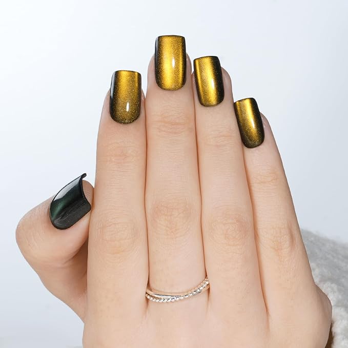 Gold Cat Eye Press On Nails - Short Square Metallic Gold Nails Press Ons for Women DIY Glossy Fake Nails Kit with Glue, Reusable Soft Gel Glue on Nails Short in 16 Sizes - 32pcs, Golden Mirage