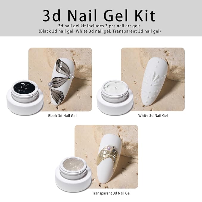 3pcs Solid 3d Nail Sculpting Gel For Nail Art, White Black Clear 3d Nail Art Gel Multifunctional 3d Molding For Nails Salon Home DIY (Clear)