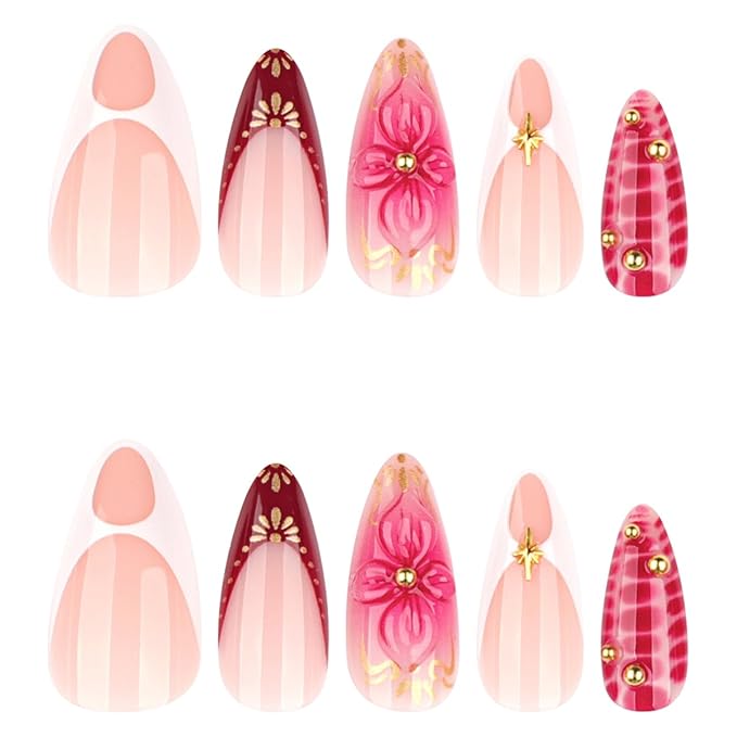 Medium Press on Nails Almond,Spring Summer Fake Nails,Red Nails Press ons with Crocodile,Gold Star,Lines,Beads Design,Reusable Artificial Nails,Easy Apply Manicure Kit for Women 24Pcs