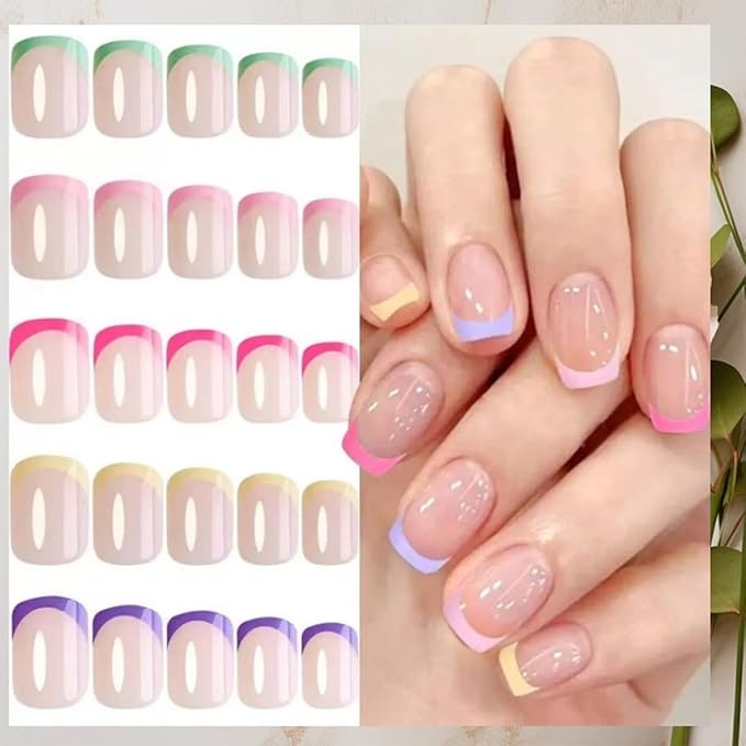 240Pcs French Tip Press On Nails Short Square Fake Nails Press Ons Set Full Cover Acrylic Glue on Nails Reusable Glossy Artificial Nail Kit False Nails for Women Girls Manicure 12 Color