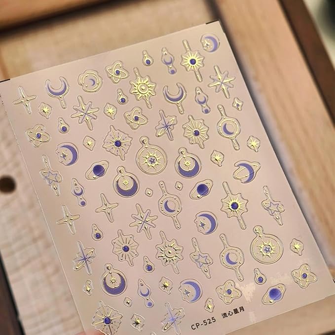 Star Moon Nail Stickers 5D Embossed Purple Moon Nail Decals 3D Self-Adhesive Gold Star Nail Supplies Sun Nails Designs Sky Universe Nails Decoration for Women Manicure 1 Sheet