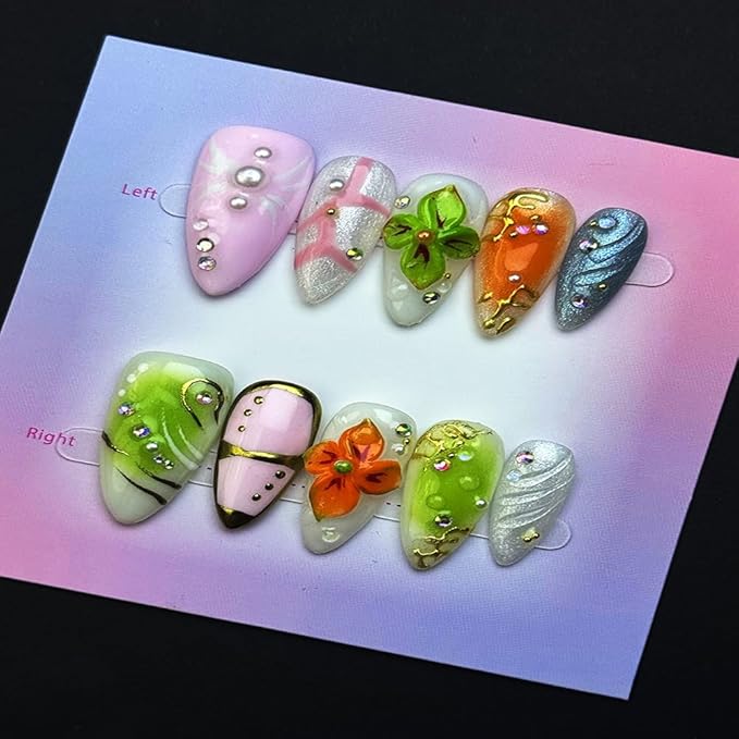 100% Handmade Press on Nails Medium Almond Handmade Nails with Orange Flower Charm Design Green False Nails Rhinestone Pearl Nail Press ons Reusable Acrylic Fake Nails for Women Girls Size M 10Pcs