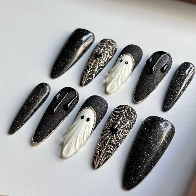 Gothic Press On Nails Handmade Long Stiletto Fake Nails, Horror Black Blood Ghost Sparkling Design,10 Pcs Reusable Tip Salon Artificial Nails Kit (Size M）