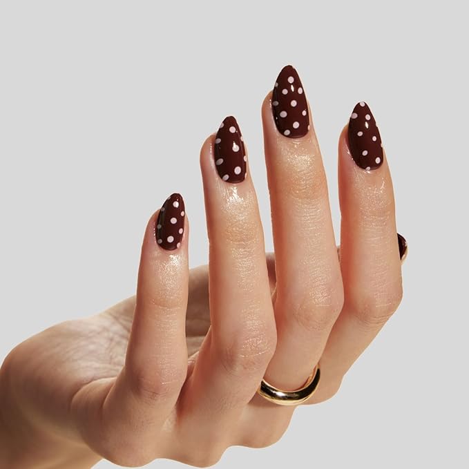 LAMIMOSA 32Pcs Polka Dots Press On Nails Short Almond - Soft Gel Brown-Red Fake Nails in 16 Sizes, Reusable Glue on Nails Kit, DOT DOT DOT
