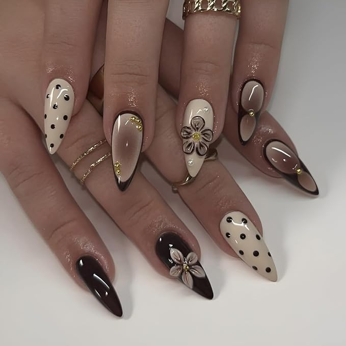 24Pcs Medium Almond Press on Nails 3D Flower Fake Nails White Black False Nails with Gold Rhinestones Design Polka Dot Nails Press Ons Glossy Glue on Nail Gradient Stick on Nail for Women