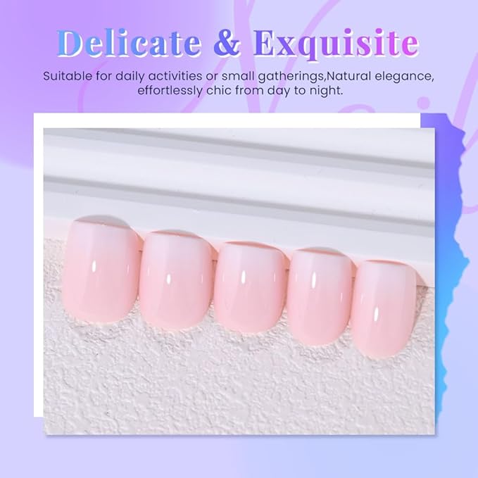 Pink White Ombre French Tip Press on Nails, Short Square Acrylic Fake Nails Design, Natural Reusable Nails Kit for Women DIY False Nail Art Decoration Gift, Salon Quality Reusable 15/30 Psc