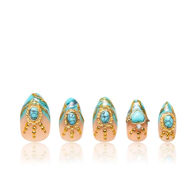 LOVFUL Press on Nails Turquoise Blue French Tip | Handmade with Full Covered Crystals | Reusable Fake Nails | Almond Regular 1.0 in | H122-S