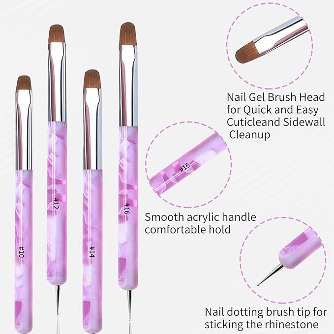 4Pcs French Tip Brush, Double-Ended French Brushes for Nails with Dotting Tool, Clean Up Brush for Gel Nail Polish, Size 10/12/14/16, Acrylic Nail Art Brushes, Manicure Tools for Nail Design-Purple