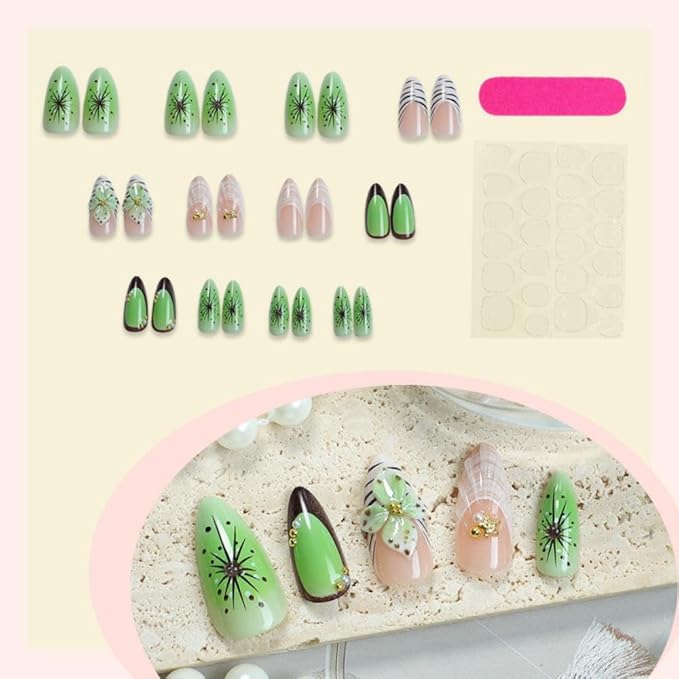 Summer Press on Nails Medium Almond Stick on Nails with Green Flower Charm Design Pearl Seashell False Nails Black French Tips Fake Nails Glossy Floral Glue on Nails for Women Girls Manicure 24Pcs