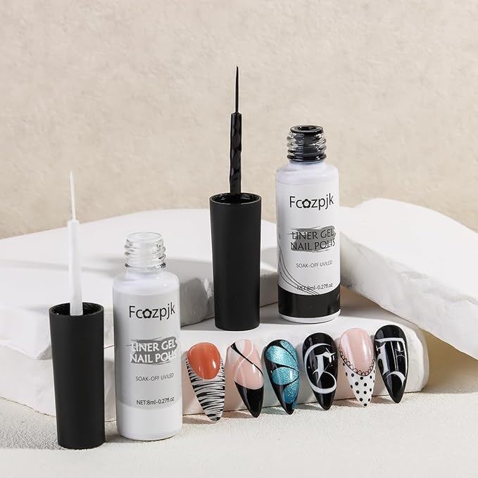 Black And White Gel Polish, 2PCS 8ML Gel Nail Polish Art Liner Set for French Tips Swirls Lines Gels Paint with Build in Thin Brush Detailing Draw Design Home Manicure Salon Supply UV Curing